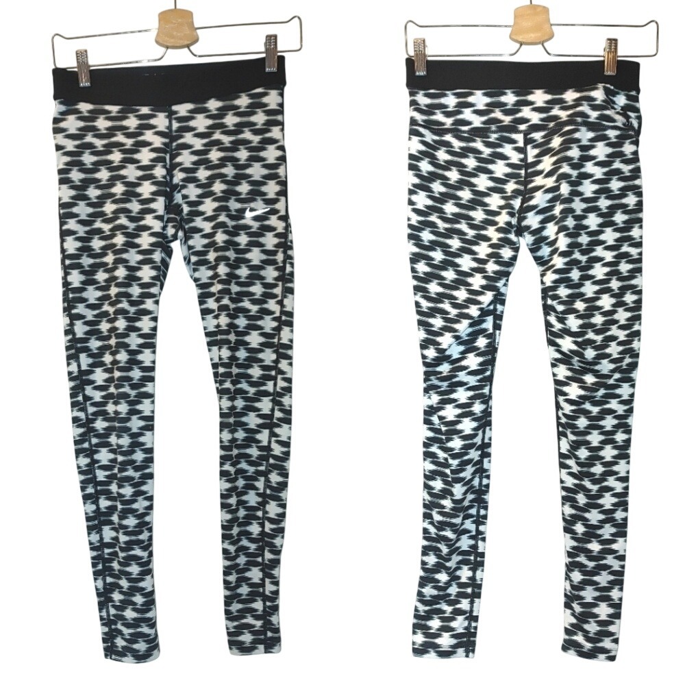 NIKE Women 28 Full Length Printed Running Tights 777408 Black White 010 Small‎